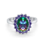 Halo Ring Simulated Purple Amethyst Oval Cubic Zirconia 925 Sterling Silver