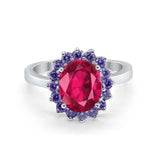 Halo Ring Simulated Purple Amethyst Oval Cubic Zirconia 925 Sterling Silver