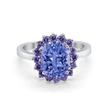 Halo Ring Simulated Purple Amethyst Oval Cubic Zirconia 925 Sterling Silver