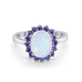 Halo Ring Simulated Purple Amethyst Oval Cubic Zirconia 925 Sterling Silver