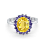 Halo Ring Simulated Purple Amethyst Oval Cubic Zirconia 925 Sterling Silver