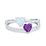 Heart Promise Ring Double Heart Created White Opal Round Simulated Cubic Zirconia 925 Sterling Silver