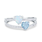 Heart Promise Ring Double Heart Created White Opal Round Simulated Cubic Zirconia 925 Sterling Silver