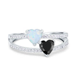 Heart Promise Ring Double Heart Created White Opal Round Simulated Cubic Zirconia 925 Sterling Silver