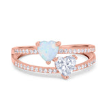 Heart Promise Ring Double Heart Created White Opal Round Simulated Cubic Zirconia 925 Sterling Silver