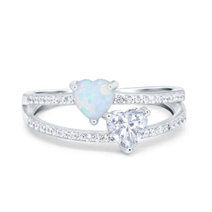Heart Promise Ring Double Heart Created White Opal Round Simulated Cubic Zirconia 925 Sterling Silver