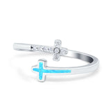 Cross Ring Sideways Round Eternity Simulated CZ Lab Opal 925 Sterling Silver