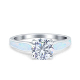 Solitaire Accent Engagement Ring Created White Opal Round Simulated Cubic Zirconia 925 Sterling Silver