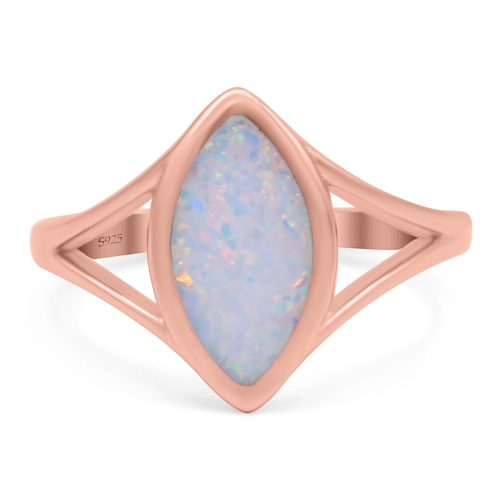 Solitaire Ring Marquise Shape Created Opal Split Shank 925 Sterling Silver (15mm)