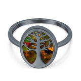 Oval Tree of Life Ring Lab Created Opal Rhodium Plated 925 Sterling Silver