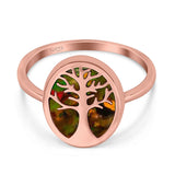 Oval Tree of Life Ring Lab Created Opal Rhodium Plated 925 Sterling Silver