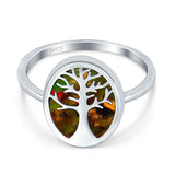 Oval Tree of Life Ring Lab Created Opal Rhodium Plated 925 Sterling Silver