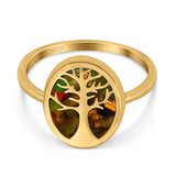 Oval Tree of Life Ring Lab Created Opal Rhodium Plated 925 Sterling Silver