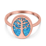 Oval Tree of Life Ring Lab Created Opal Rhodium Plated 925 Sterling Silver
