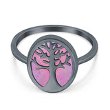 Oval Tree of Life Ring Lab Created Opal Rhodium Plated 925 Sterling Silver