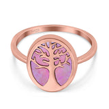 Oval Tree of Life Ring Lab Created Opal Rhodium Plated 925 Sterling Silver