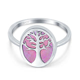 Oval Tree of Life Ring Lab Created Opal Rhodium Plated 925 Sterling Silver