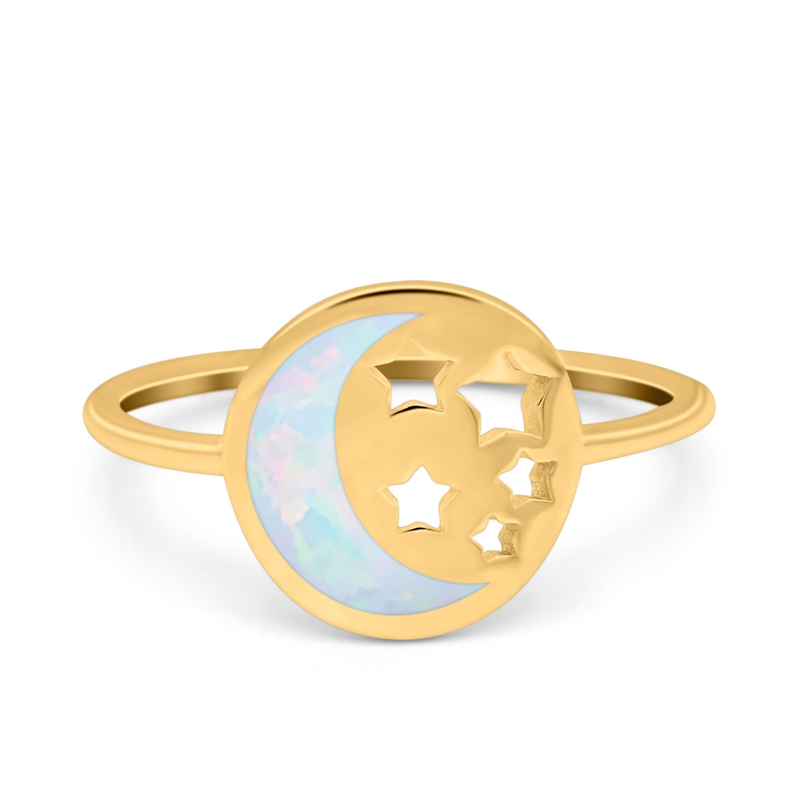 Moon and Stars Ring Band Lab Created Opal 925 Sterling Silver (12mm)