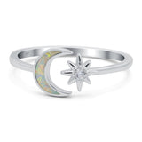 Moon & Star Ring Lab Created Opal Simulated Cubic Zirconia 925 Sterling Silver