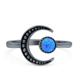 Crescent Moon Ring Band Lab Created Blue Opal Oxidized Round 925 Sterling Silver