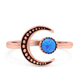 Crescent Moon Ring Band Lab Created Blue Opal Oxidized Round 925 Sterling Silver