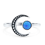 Crescent Moon Ring Band Lab Created Blue Opal Oxidized Round 925 Sterling Silver