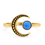 Crescent Moon Ring Band Lab Created Blue Opal Oxidized Round 925 Sterling Silver