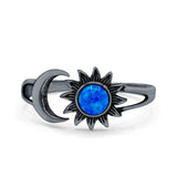 Sun & Moon Ring Lab Created Blue Opal Oxidized Round 925 Sterling Silver