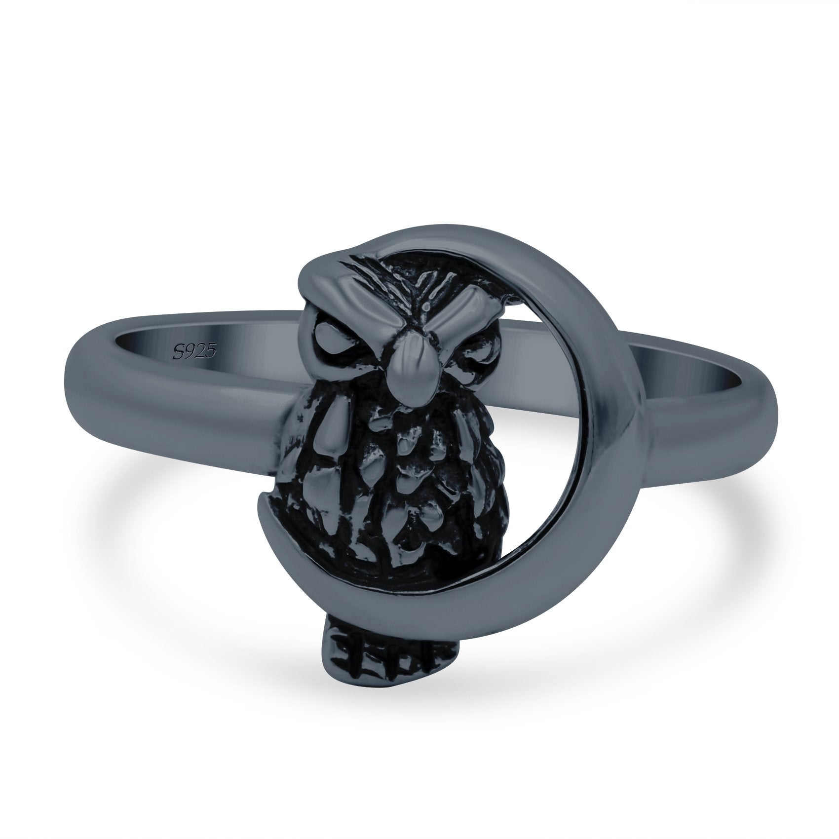 Moon and Owl Ring Oxidized Band Solid 925 Sterling Silver Thumb Ring (13mm)