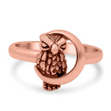 Moon and Owl Ring Oxidized Band Solid 925 Sterling Silver Thumb Ring (13mm)
