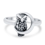 Moon and Owl Ring Oxidized Band Solid 925 Sterling Silver Thumb Ring (13mm)