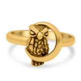 Moon and Owl Ring Oxidized Band Solid 925 Sterling Silver Thumb Ring (13mm)