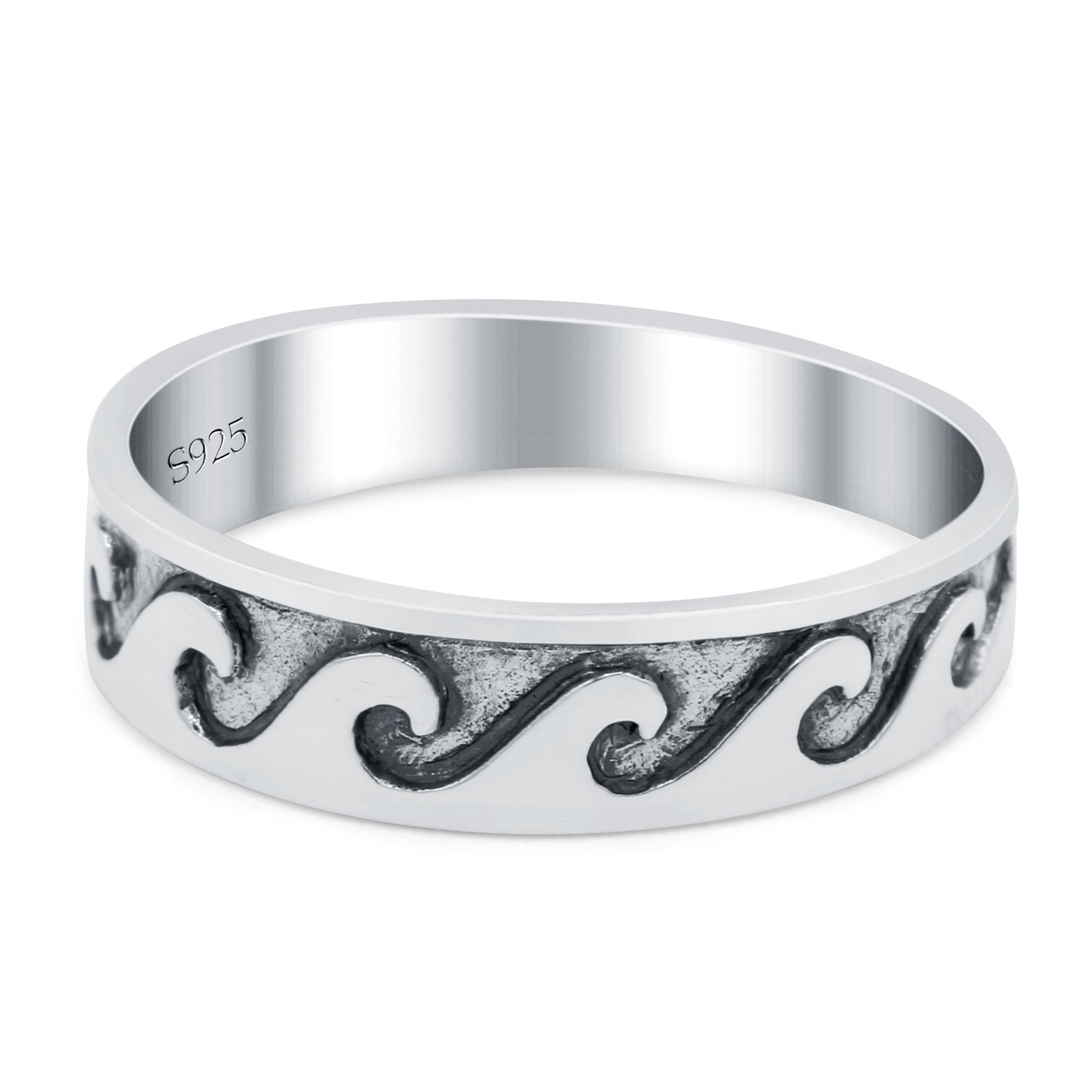 Wave Ring Oxidized Band Solid 925 Sterling Silver Thumb Ring (5mm)