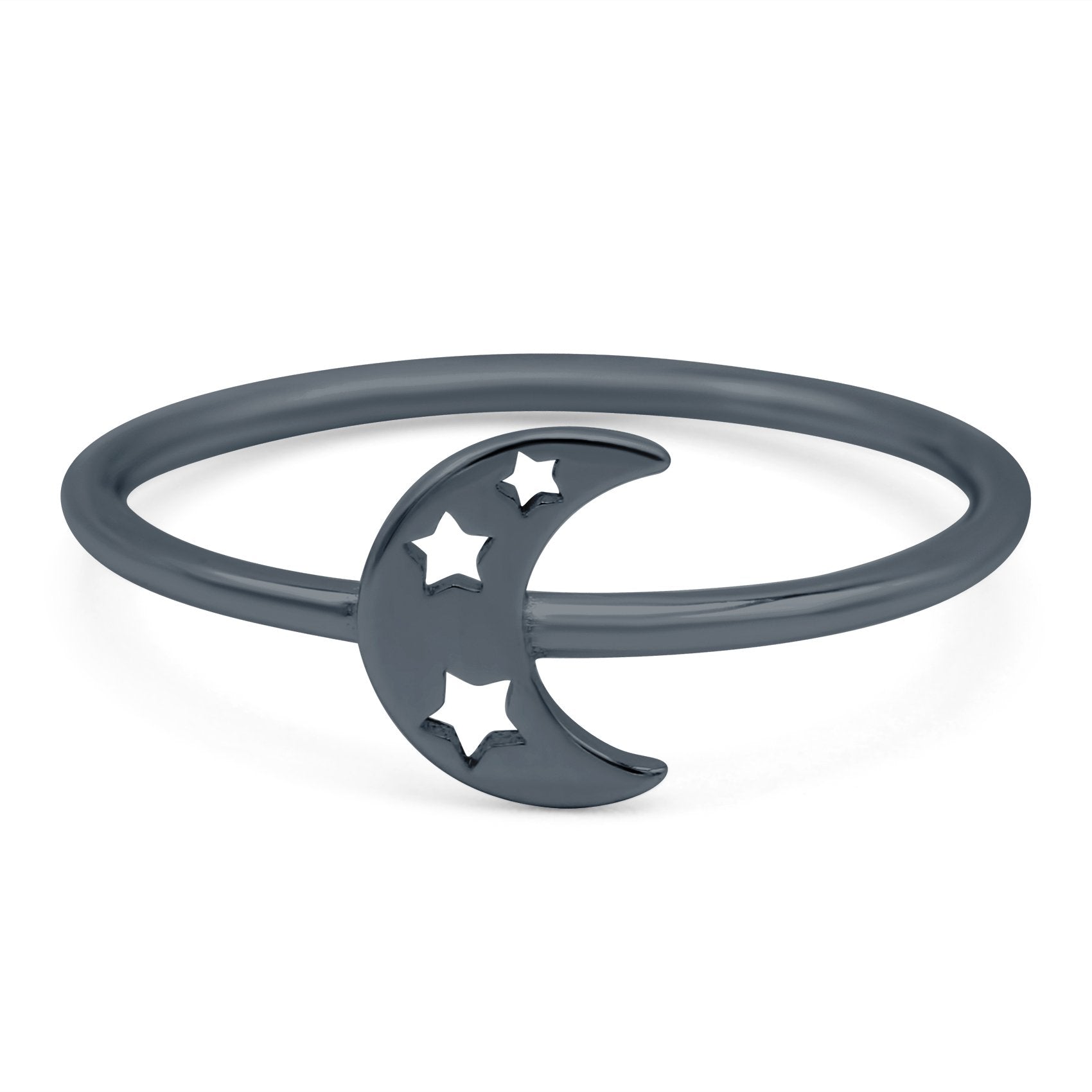 Moon with Stars Ring Oxidized Band Solid 925 Sterling Silver (8mm)