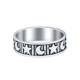 Moon Star Band Oxidized Plain Ring Round 925 Sterling Silver