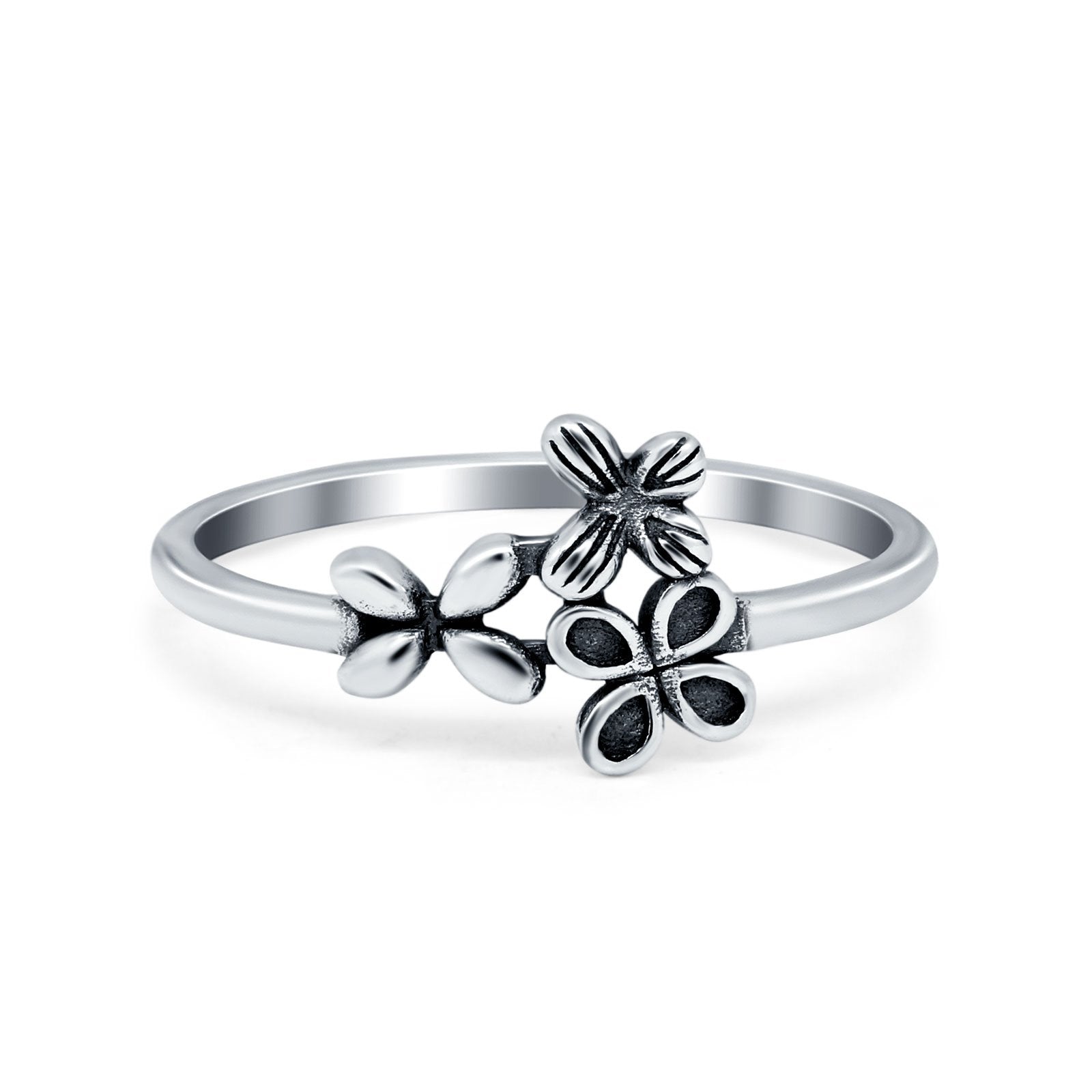 Three Butterflies Ring Plain Band Oxidized 925 Sterling Silver