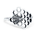 Bee and Honeycomb Plain Ring Band Oxidized 925 Sterling Silver