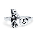 Shell and Seahorse Plain Ring Band Oxidized 925 Sterling Silver