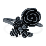 Bee & Flower Ring Oxidized Band Solid 925 Sterling Silver (18mm)
