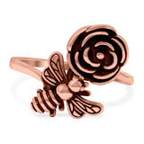 Bee & Flower Ring Oxidized Band Solid 925 Sterling Silver (18mm)