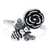 Bee & Flower Ring Oxidized Band Solid 925 Sterling Silver (18mm)