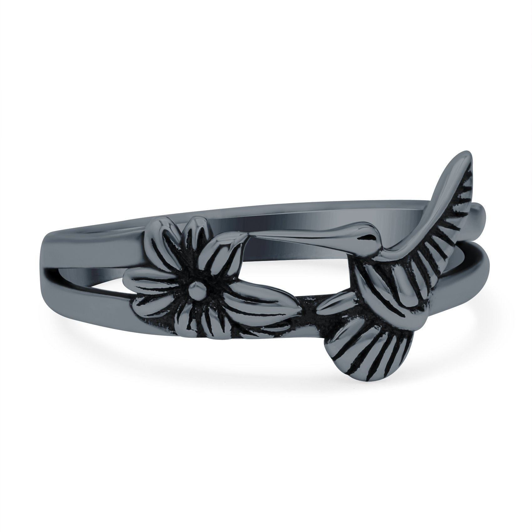Flower Hummingbird Ring Oxidized Band Solid 925 Sterling Silver Thumb Ring (3.5mm))