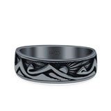 Mountains & Sun Ring Oxidized Band Solid 925 Sterling Silver Thumb Ring (6mm)