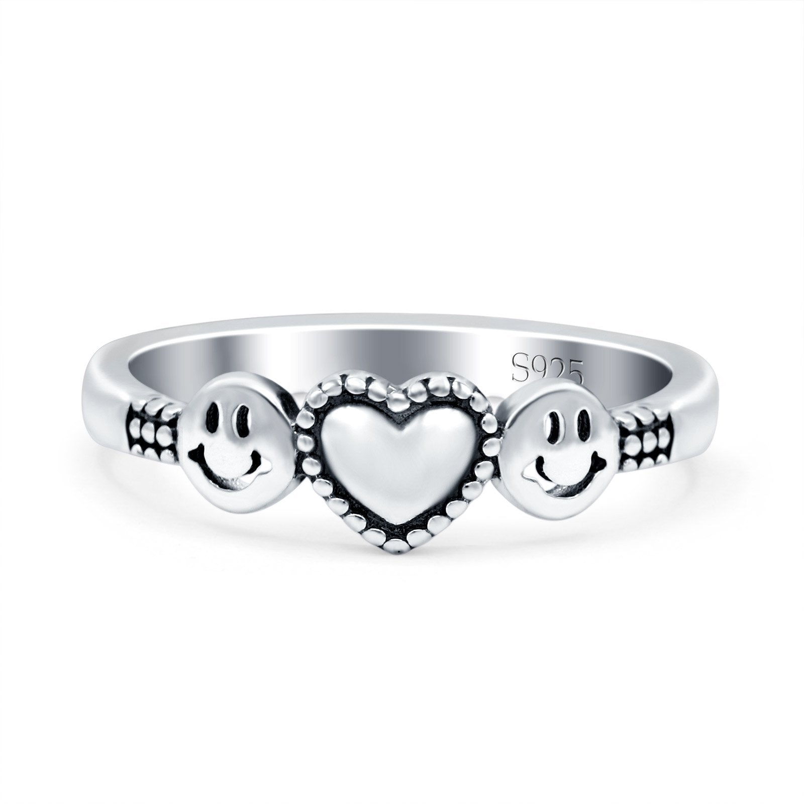 Heart Oxidized Plain Smiley Face Ring Solid 925 Sterling Silver (6mm)