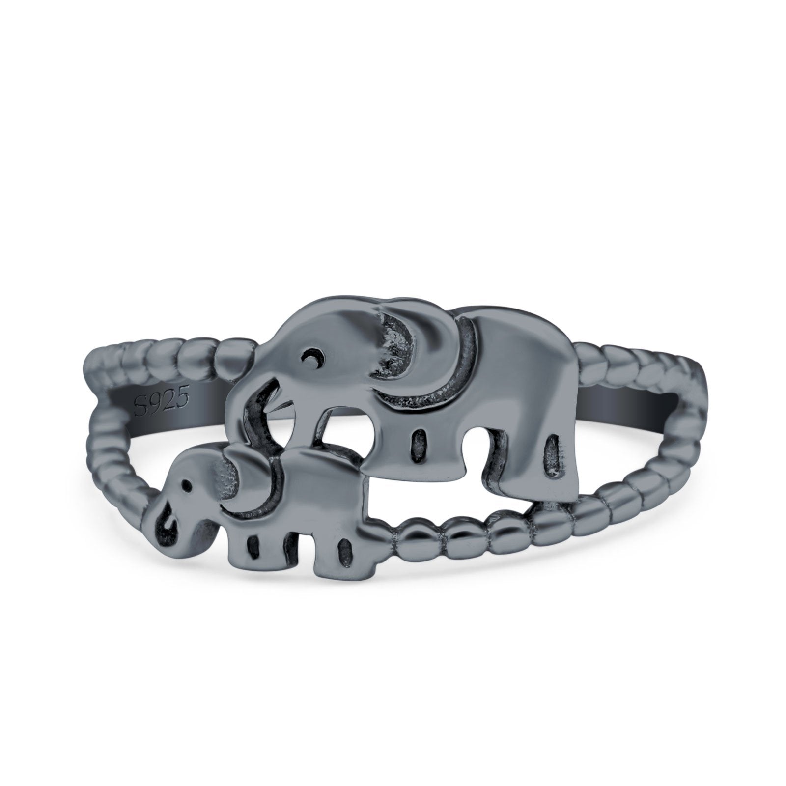 Mama and Baby Elephant Oxidized Solid 925 Sterling Silver (9mm)