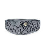 Mountains, Trees Sun Ring Oxidized Band Solid 925 Sterling Silver Thumb Ring (8mm)