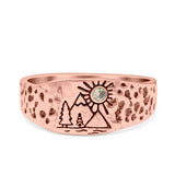 Mountains, Trees Sun Ring Oxidized Band Solid 925 Sterling Silver Thumb Ring (8mm)