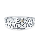 Mountains, Trees Sun Ring Oxidized Band Solid 925 Sterling Silver Thumb Ring (8mm)