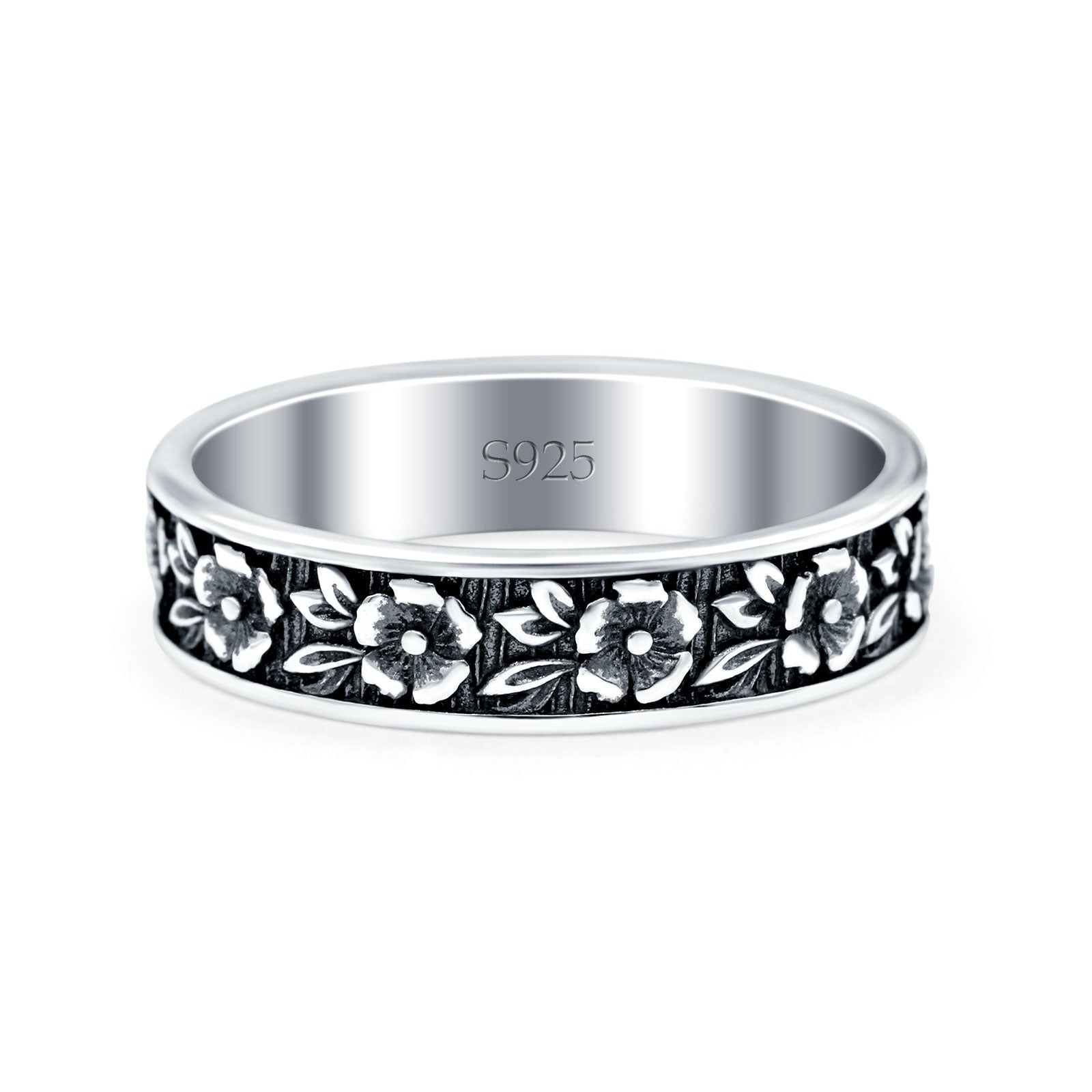 Flowers Ring Oxidized Band Solid 925 Sterling Silver Thumb Ring (5mm) Sterling Silver