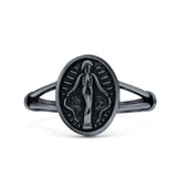 Miraculous Medal Ring Oxidized Band Solid 925 Sterling Silver Thumb Ring (13mm)